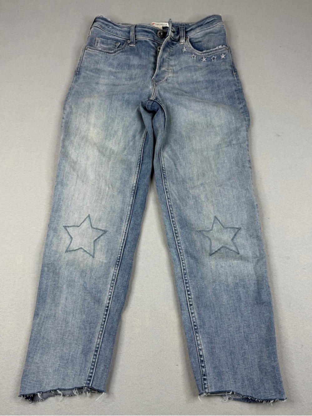 H&M Coachella Star Jeans Womens 4 Light Wash Raw Hem Button Fly Denim